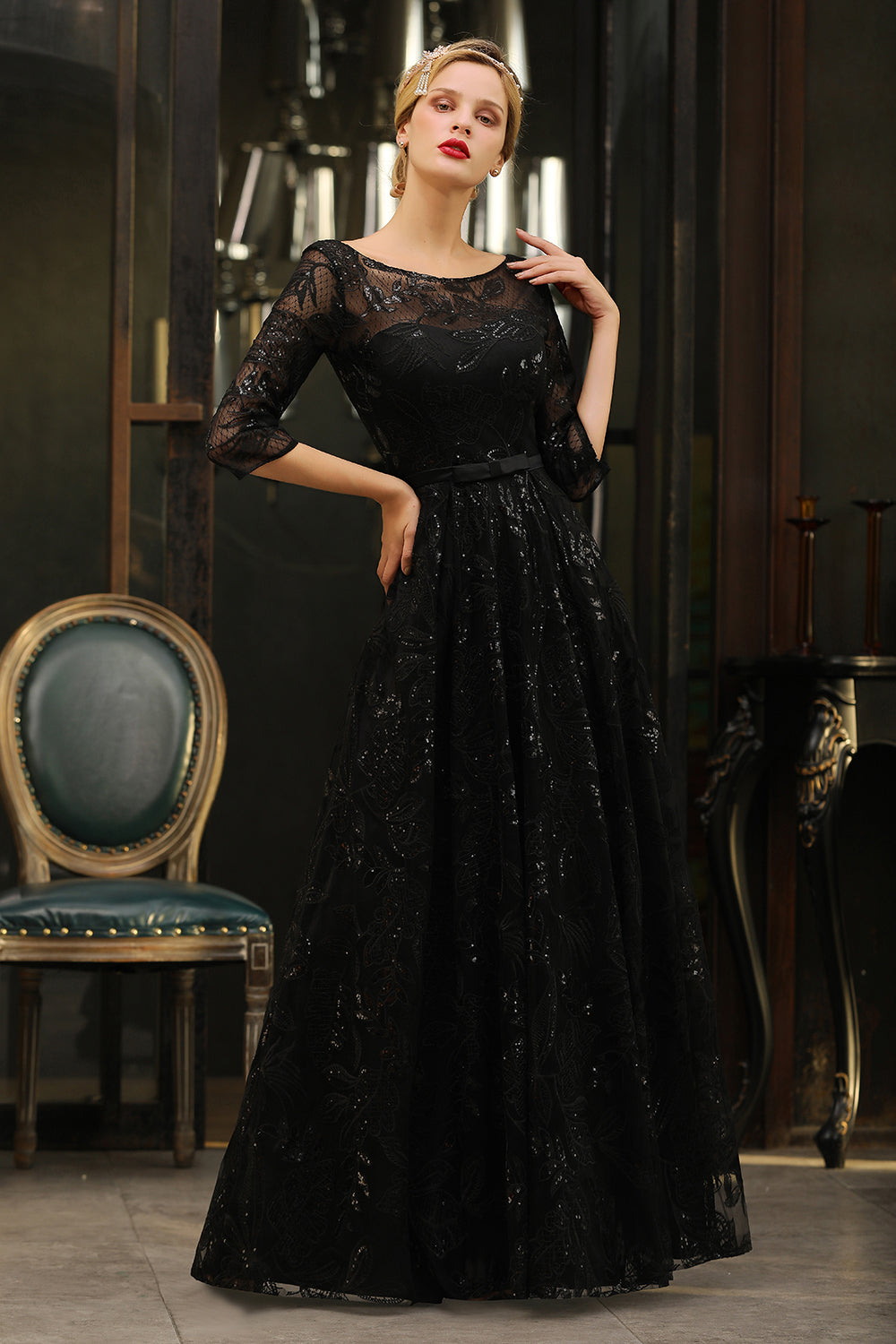 Sexy Black 3/4 Sleeves Sequins Prom Dress | Long Evening Gowns