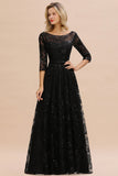 Sexy Black 3/4 Sleeves Sequins Prom Dress | Long Evening Gowns