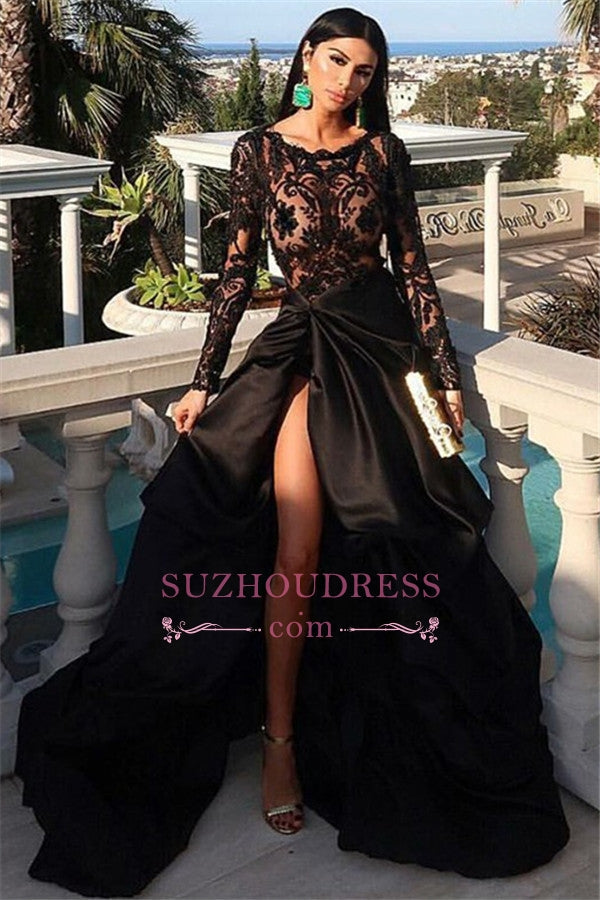 Sexy Black Crew Long Sleeves Floor-Length Prom Dresses | Front Split Lace Appliques Long Evening Gown BC0877