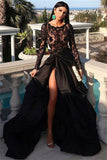 Sexy Black Crew Long Sleeves Floor-Length Prom Dresses | Front Split Lace Appliques Long Evening Gown BC0877
