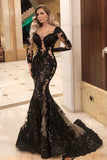 Sexy Black Lace Prom Dress Mermaid Long Sleeve Evening Gowns