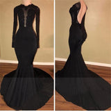 Sexy Black Mermaid Backless Prom Dresses Long Sleeves Appliques Evening Gowns BA7880