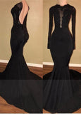 Sexy Black Mermaid Backless Prom Dresses  Long Sleeves Appliques Evening Gowns BA7880
