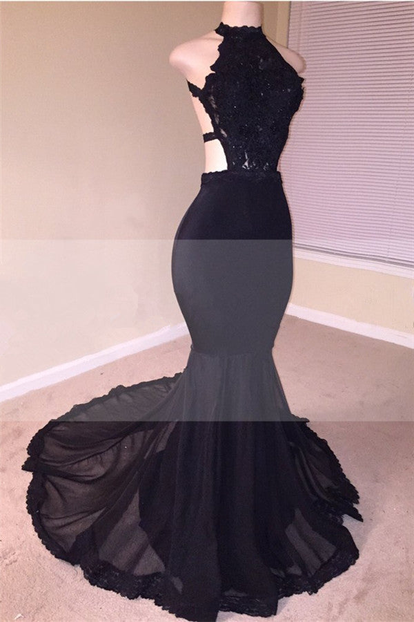 Sexy Black Open Back Lace Prom Dresses | Sleeveless See Through Tulle Evening Gown