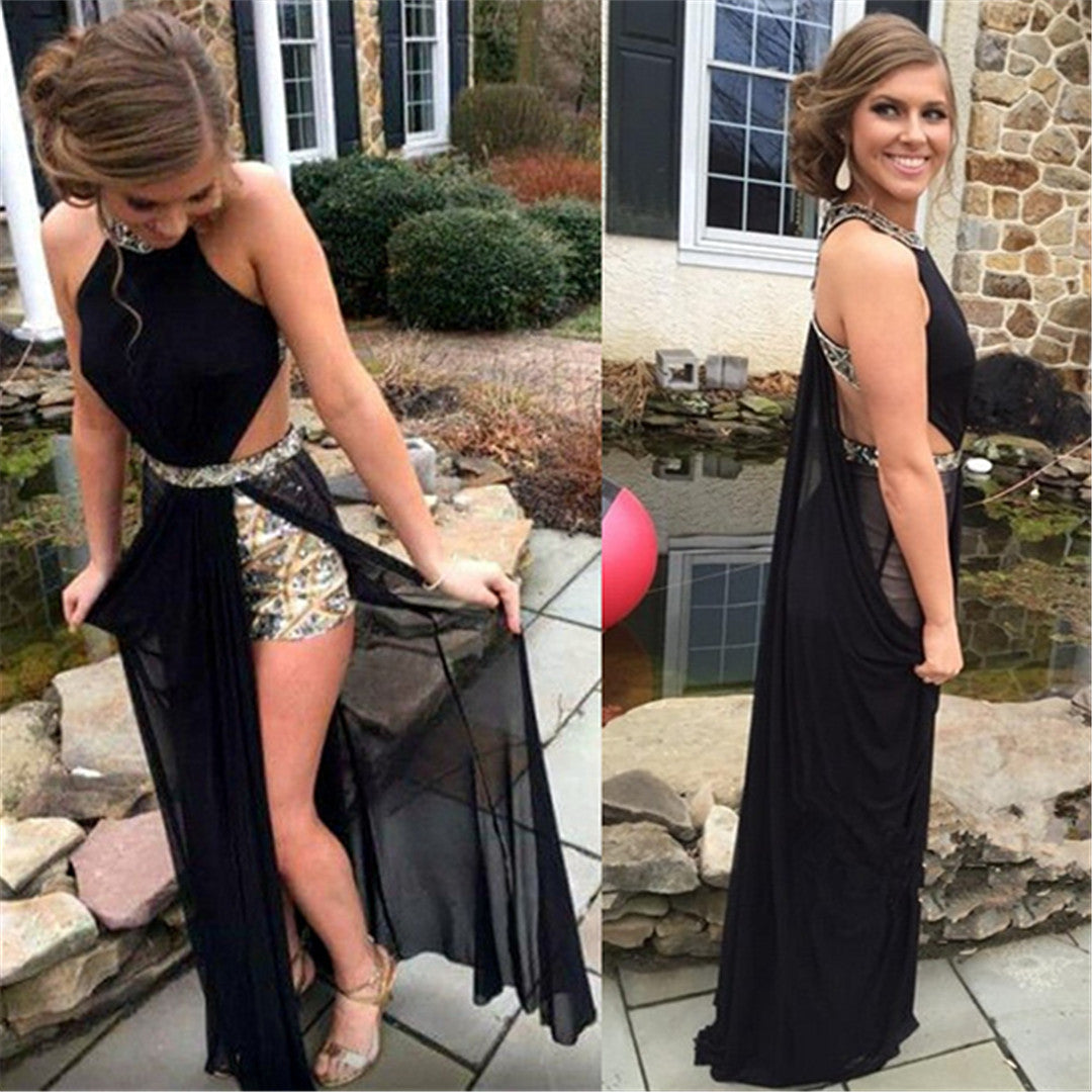 Sexy Black Prom Dress Side Slit Halter Cutaway Evening Gowns with Crystals