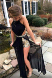 Sexy Black Prom Dress Side Slit Halter Cutaway Evening Gowns with Crystals