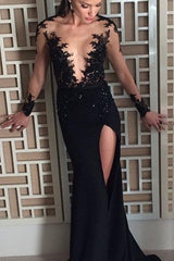 Sexy Black Prom Dresses long Sleeve Sheer Tulle Evening Gowns with Slit BA5194