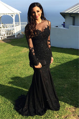 Sexy Black Tulle Mermaid Prom Dresses Long Sleeve Applique Evening Dresses BA3566