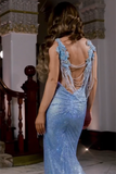 Sexy Blue Mermaid Sleeveless Floor Length Evening Dress