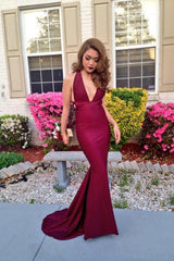 Sexy Burgundy V-Neck Mermaid Beach Evening Dresses Sweep Train Glamorous Prom Dresses for Summer CJ0224