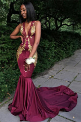 Sexy Burgundy V-Neck Sleeveless Prom Dresses Mermaid Appliques Evening Dresses SK0093