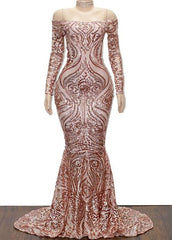 Sexy Champagne Appliques Mermaid Prom Dresses | Off-the-Shoulder Long Sleeves Evening Gowns BC1602