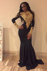 Sexy Champagne Appliques Mermaid Prom Dresses | Off-the-Shoulder Long Sleeves Evening Gowns BC1602