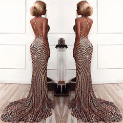 Sexy Champagne Stripes Formal Evening Dress | V-neck Open Back Ball Dress with Long Train BA8496