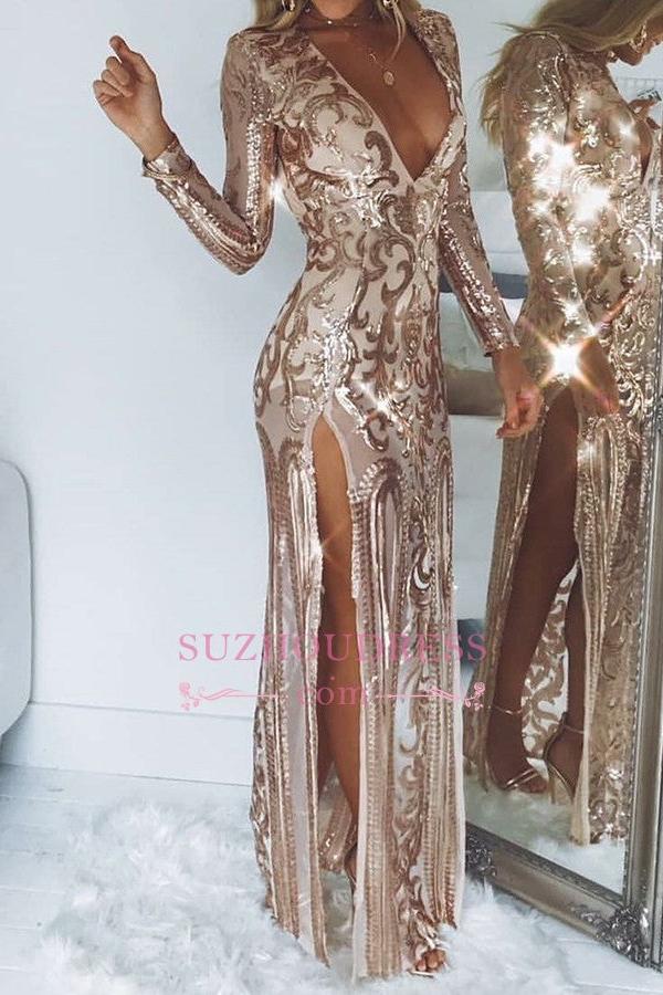 Sexy Deep V-Neck A-Line Prom Dresses | Long Sleeves Shiny Side Slit Evening Dress