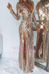 Sexy Deep V-Neck A-Line Prom Dresses | Long Sleeves Shiny Side Slit Evening Dress