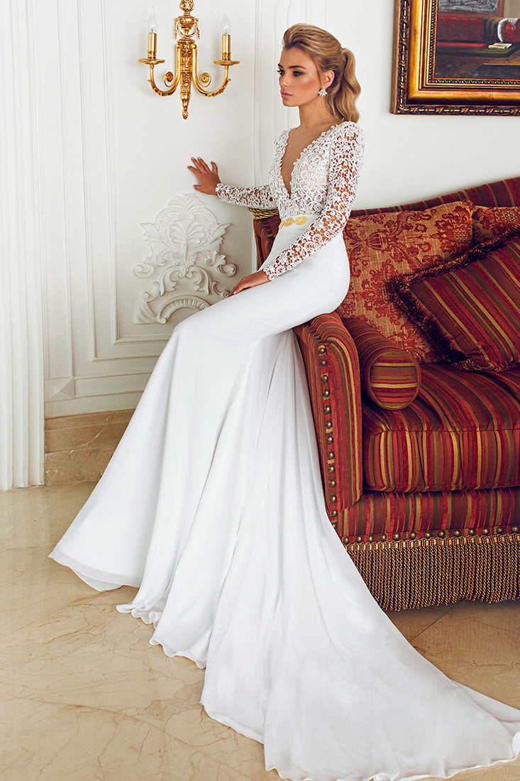 Sexy Deep V-Neck Chiffon Wedding Dresses Lace Mermaid Long Sleeve Crystal Bridal Gowns