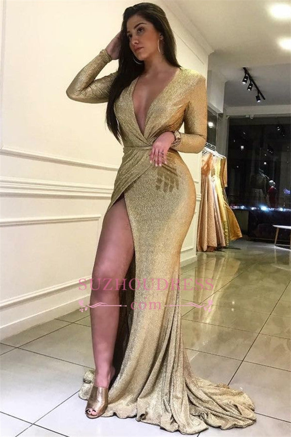 Sexy Deep V-Neck Front Split Mermaid Prom Dresses | Long Sleeves Sweep Train Evening Gown