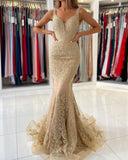Sexy Deep V-Neck Mermaid Prom Dress with Floral Lace Appliques