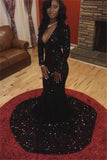 Sexy Deep V-neck Black Sequins Evening Dresses Mermaid Long Sleeve  Prom Dress CE047