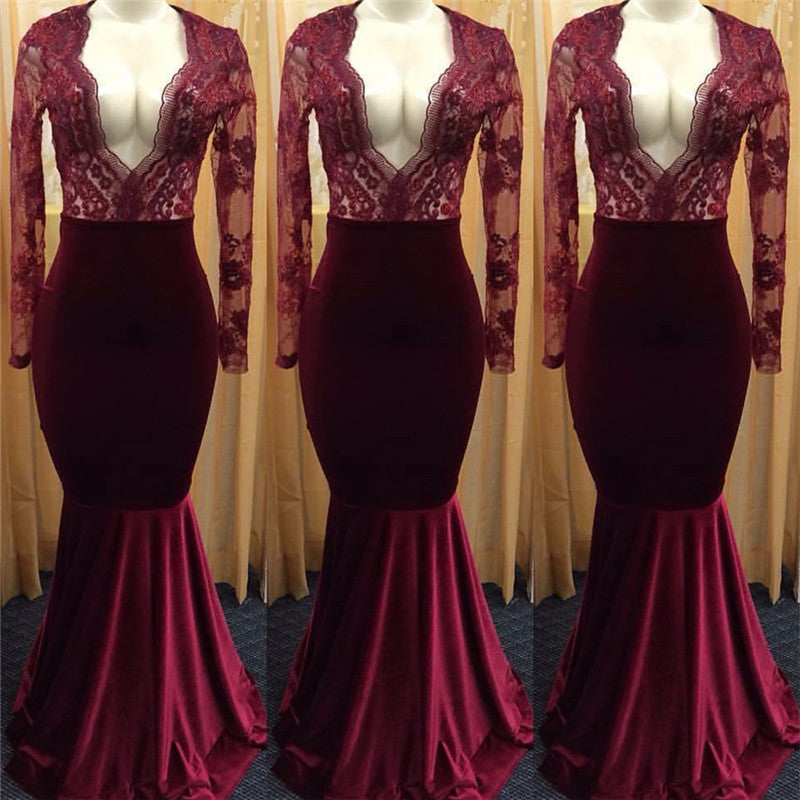 Sexy Deep V-neck Burgundy Lace Long Sleeve Prom Dress Mermaid Velvet Evening Gown
