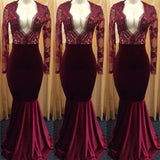 Sexy Deep V-neck Burgundy Lace Long Sleeve Prom Dress Mermaid Velvet Evening Gown