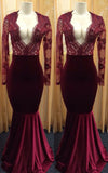 Sexy Deep V-neck Burgundy Lace Long Sleeve Prom Dress Mermaid Velvet Evening Gown