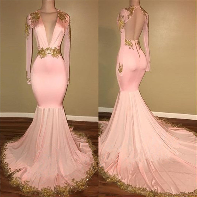Sexy Deep V-neck Gold Beads Appliques Prom Dress Mermaid Long Sleeve Backless Evening Gown BA7606