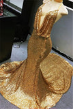 Sexy Deep V-neck Gold Sequins Evening Dress | Mermaid Backless Prom Dress on Mannequins BC1258