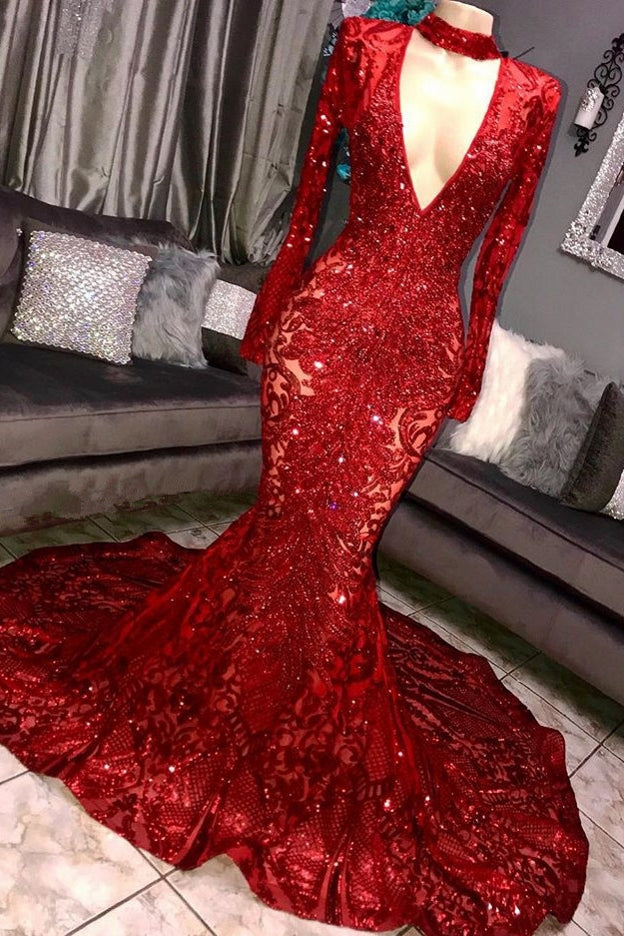 Sexy Deep V-neck Lace Mermaid Prom Dresses | Glamorous Long Sleeves Applique Evening Dresses BC0842