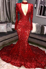 Sexy Deep V-neck Lace Mermaid Prom Dresses | Glamorous Long Sleeves Applique Evening Dresses BC0842