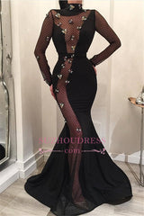 Sexy Floor-Length Long Sleeves High-Neck Prom Dresses | Mermaid Appliques Black Evening Dresses