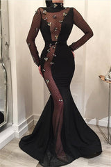 Sexy Floor-Length Long Sleeves High-Neck Prom Dresses | Mermaid Appliques Black Evening Dresses