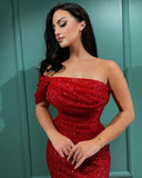 Sexy Glitter Sequins Mermaid Evening Prom Dress One Shoulder Red Party Gown