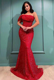 Sexy Glitter Sequins Mermaid Evening Prom Dress One Shoulder Red Party Gown