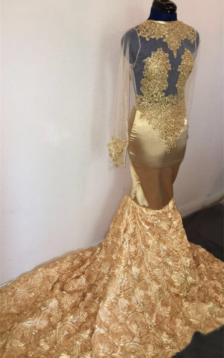 Sexy Gold Mermaid Prom Dresses | Long Sleeves Apliques Evening Dresses