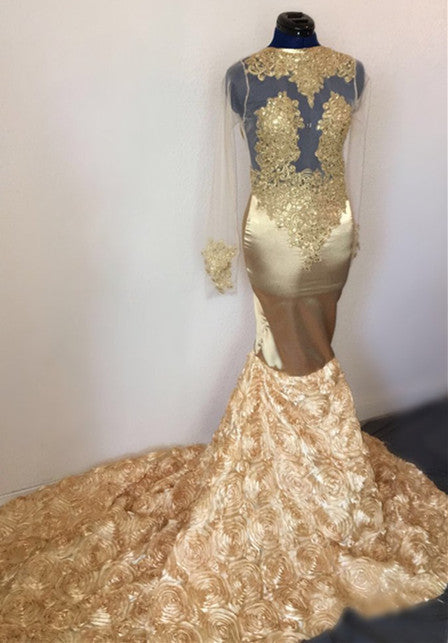 Sexy Gold Mermaid Prom Dresses | Long Sleeves Apliques Evening Dresses