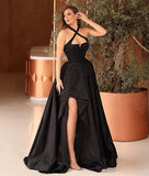 Sexy Halter Black Hi-Lo Evening Gown Backless Party Dress