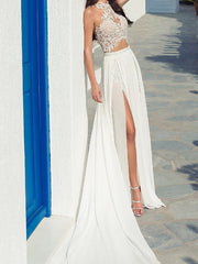 Sexy Halter Tulle Lace Appliques Split A-Line Beach Wedding Dresses Long