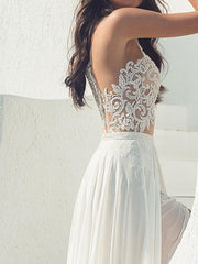 Sexy Halter Tulle Lace Appliques Split A-Line Beach Wedding Dresses Long