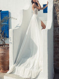 Sexy Halter Tulle Lace Appliques Split A-Line Wedding Dresses Long