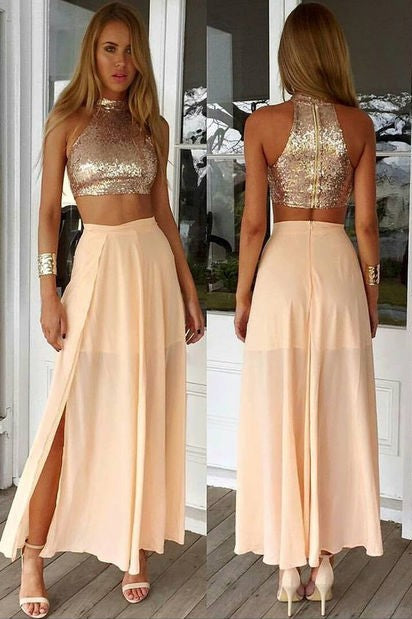 Sexy High Collar Two Piece Prom Dress Sequined Chiffon Formal Occasion Dresses
