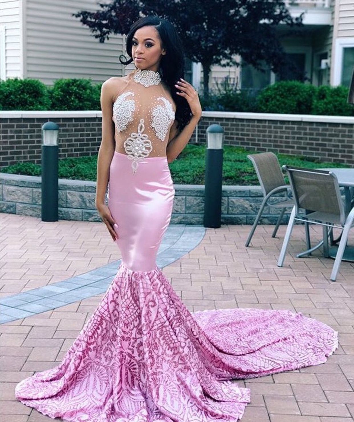Sexy High Neck Applique Mermaid Party Dresses | Pink Sheer Tulle Sleeveless Prom Dresses