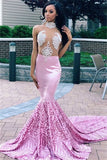 Sexy High Neck Applique Mermaid Party Dresses | Pink Sheer Tulle Sleeveless Prom Dresses