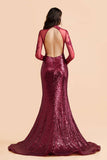 Sexy High-Neck Burgundy Sequined Slit Prom Dress | Long Sleeves Appliques Backless Formal Dress with Sheer Top