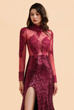 Sexy High-Neck Burgundy Sequined Slit Prom Dress | Long Sleeves Appliques Backless Formal Dress with Sheer Top