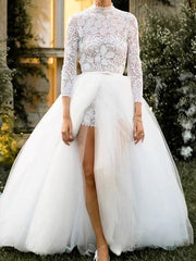 Sexy Jumpsuits Ball Gown Wedding Dresses High Neck Lace Tulle 3/4 Length Sleeve Bridal Gowns See-Through