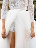 Sexy Jumpsuits Ball Gown Wedding Dresses High Neck Lace Tulle 3/4 Length Sleeve Bridal Gowns See-Through