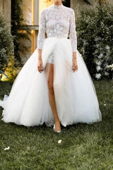 Sexy Jumpsuits Ball Gown Wedding Dresses High Neck Lace Tulle 3/4 Length Sleeve Bridal Gowns See-Through