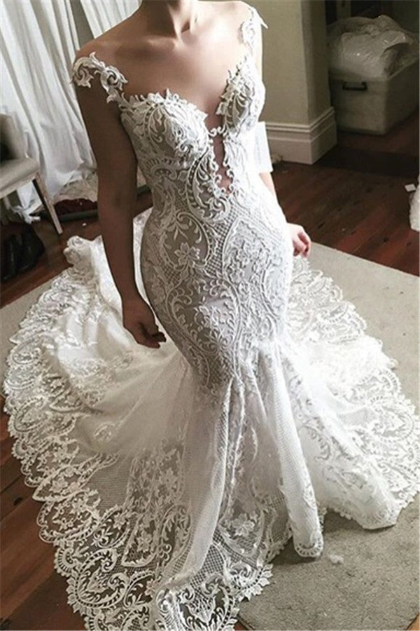 Sexy Lace Mermaid Wedding Dress | Glamorous Sheer Tulle Bridal Gowns with Buttons